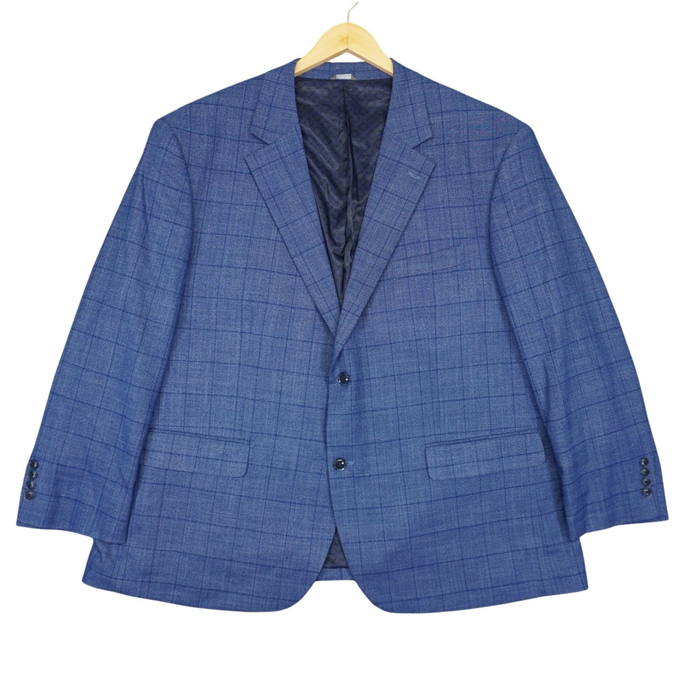 Oak Hill Sport Coat Mens 2XL 50R/52R Blue Windowpane Plaid Two Button Blazer